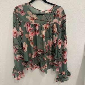 Eva Mendes for New York & Company Floral Sheer Blouse - Green and Pink